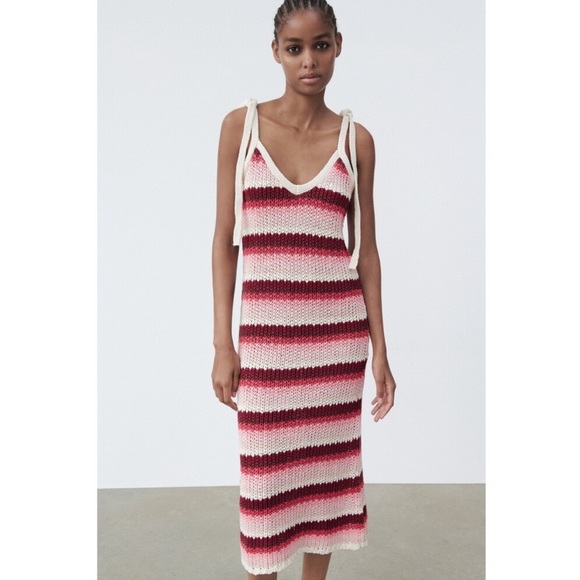 NWT Zara Striped Crochet Sleeveless Knit Midi Dress Cream/Pink/Maroon Size Small - Picture 14 of 14